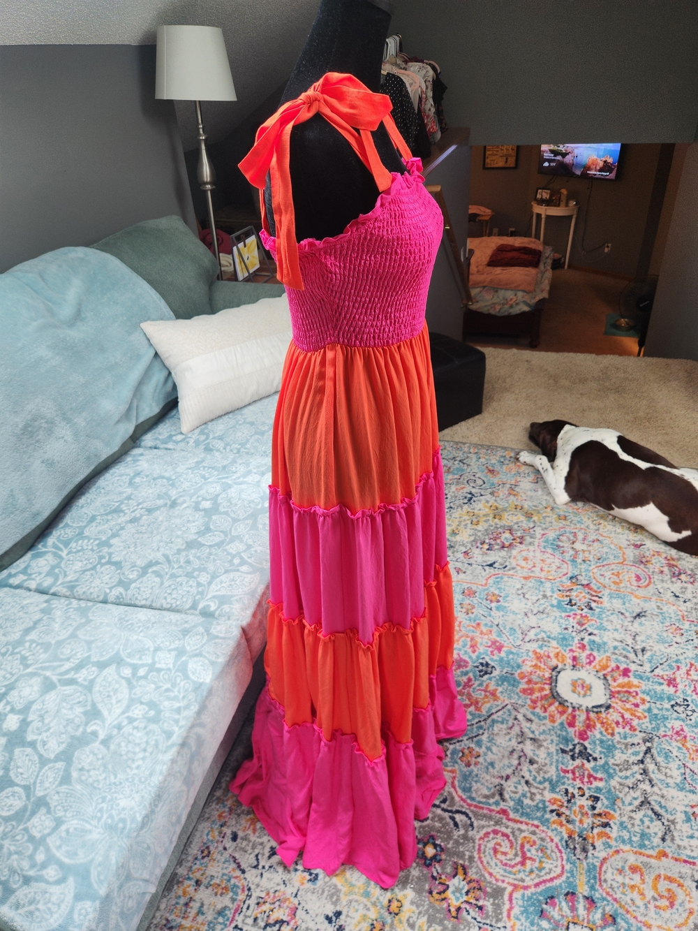 Koko +:Mason Women’s Tiered Smocked Maxi Dress - Pink & Orange Large - Picture 6 of 10